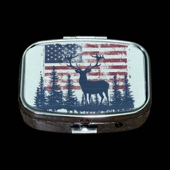 Unbranded Other - Cute Buck Deer Patriotic Portable Rectangle Metal Pill Organizer Case